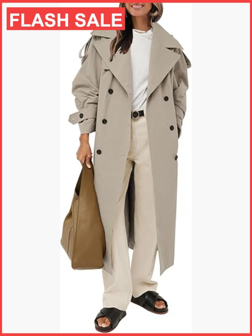 Oversized Long Trench Coat Double Breasted Lapel Windproof Overcoat with Belt